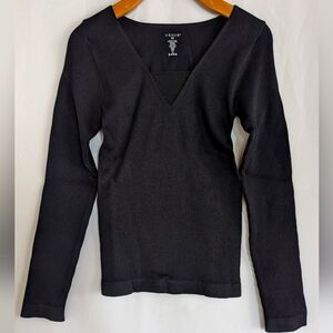 VENUS XS Elegant Black V-Neck Top Fitted Thick Nylon Ribbed Long Sleeve